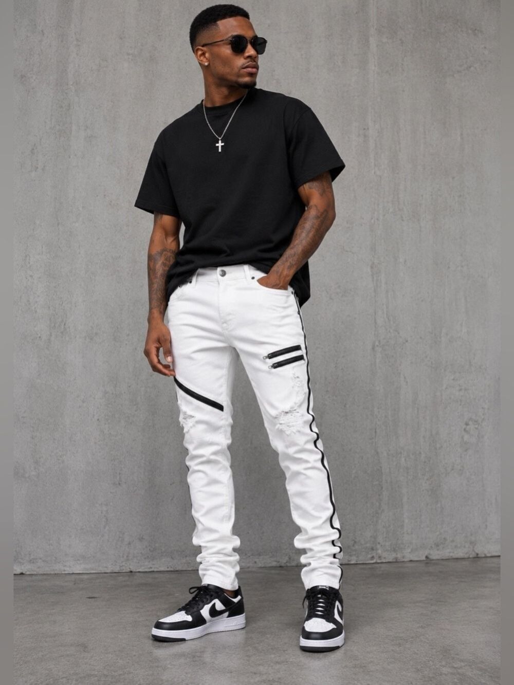 Glitz Men's White Skinny Jeans with Black Stripe Accents